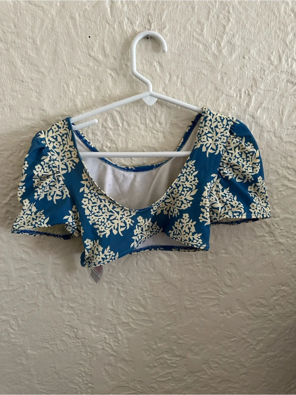 Mini Boden Blue Ivory Damask Scoop Puff Sleeves Floral Bikini Swim Crop Top 5-6Y
